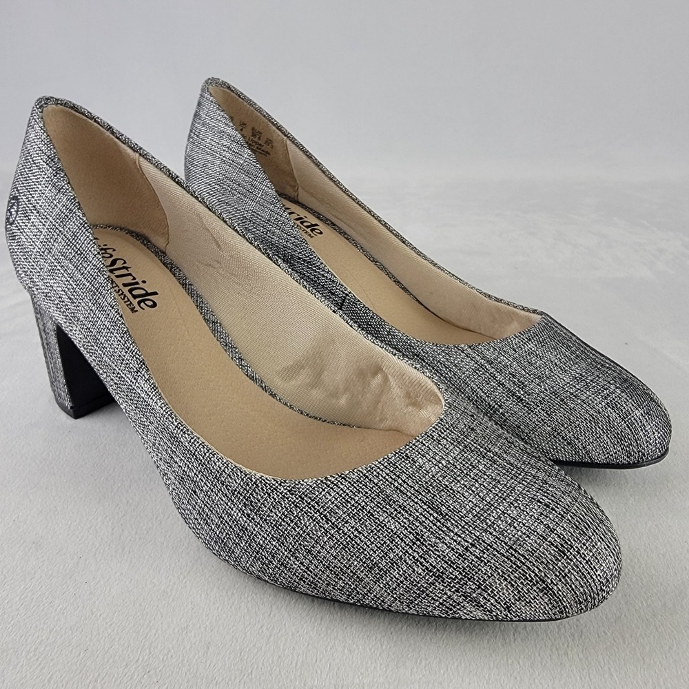 LifeStride Taylor Silver Black Woven Block Heel Pumps Soft System Womens 6.5M